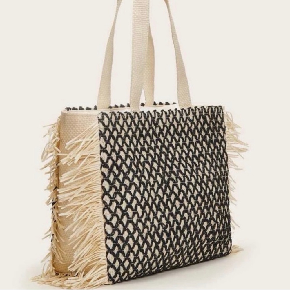 Chic Black and Cream Woven Tote Bag with fringe